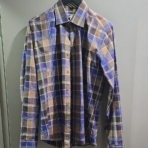 Burberry Men's Checkered Shirt - Blue and Tan